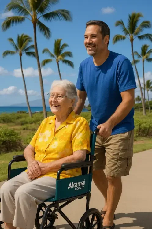 Elderly woman in a yellow hibiscus shirt enjoying a sunny Kailua-Kona outing in an Akamai Mobility companion wheelchair.